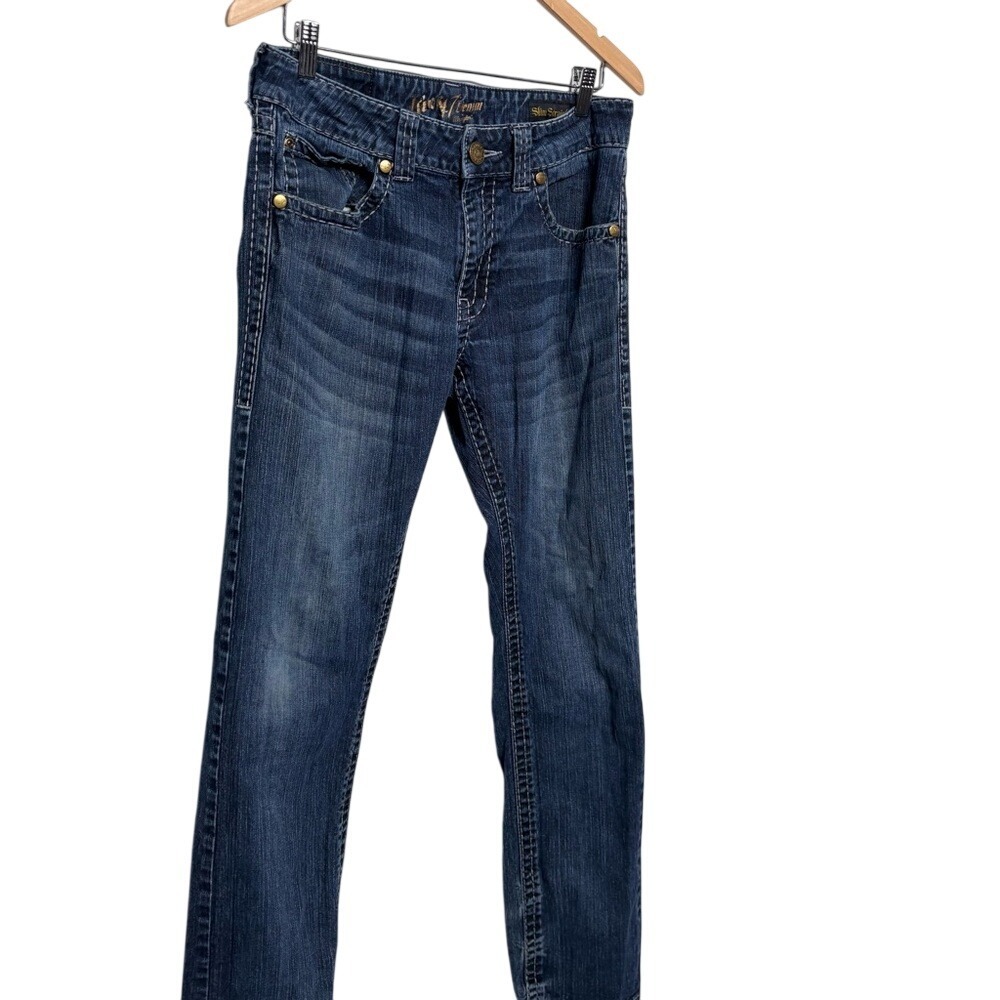 Rock 47 by Wrangler Slim Straight Denim Jeans Mid Rise Distressed Hem Mens 31x34